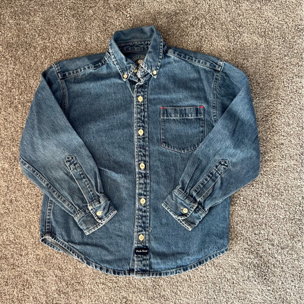 Vintage duck head shirt‎ boys small blue denim embroidered monster truck button